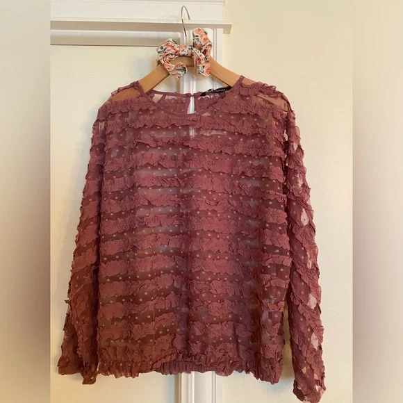 Zara ruffled sheer, pink/mauve long sleeve blouse boho-size L, NWT Easter color - Picture 2 of 10